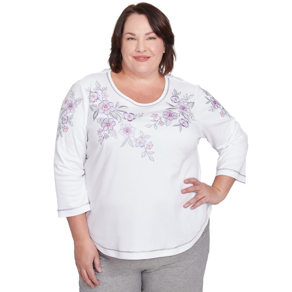 Plus Women's Embroidered Flower Neckline Top