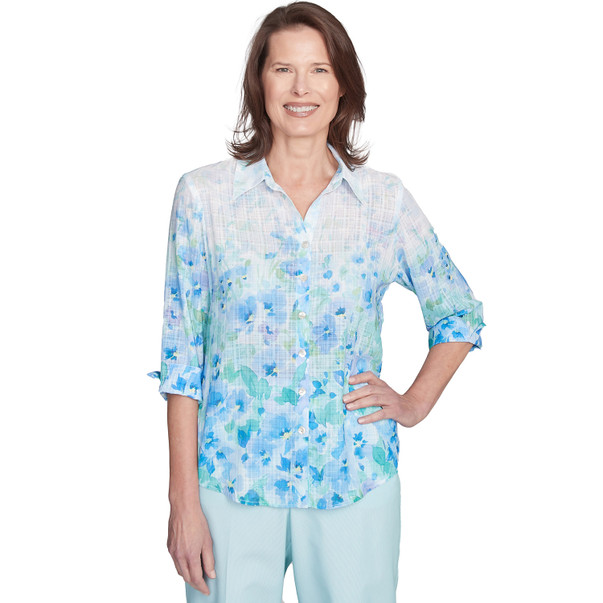 Petite Women's Border Floral Button Down Top