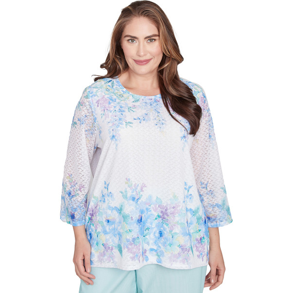 Plus Women's Textured Sky Blue Floral Border Top