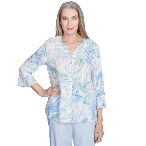 Petite Women's Tropical Embroidered Button Front Top