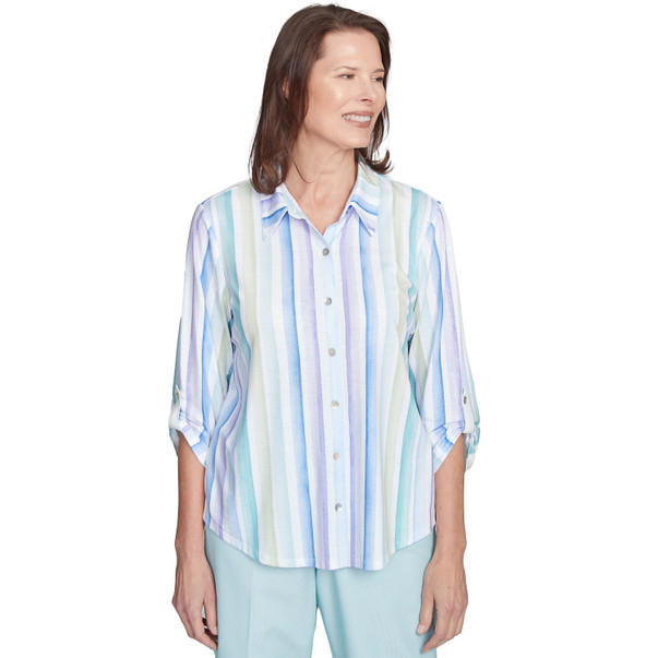 Petite Women's Island Mint Stripe Knit Button Front Top