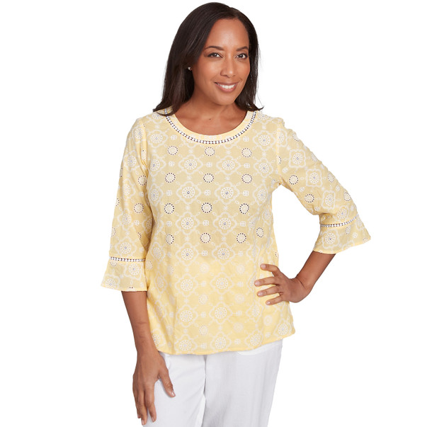Petite Women's Embroidered Floral Eyelet Bell Sleeve Top