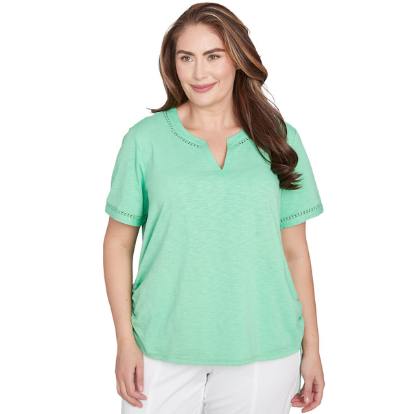 Plus Women's Dot Lace Trimmed Short Sleeve Tee