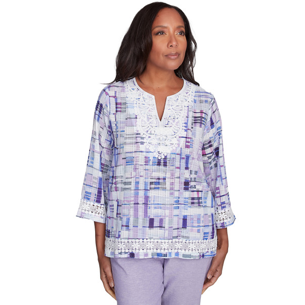 Petite Women's Watercolor Plaid Lace Neck Top