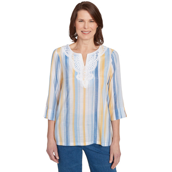 Petite Women's Striped Flower Detail Button Front Top