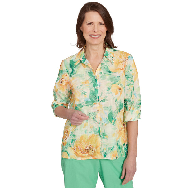 Petite Women's Watercolor Floral Tie Sleeve Button Down Top