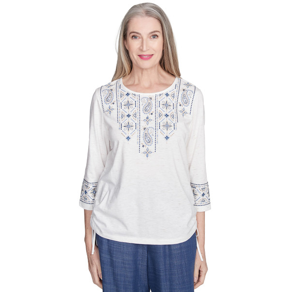 Women's Linear Embroidered Tie Sleeve Top