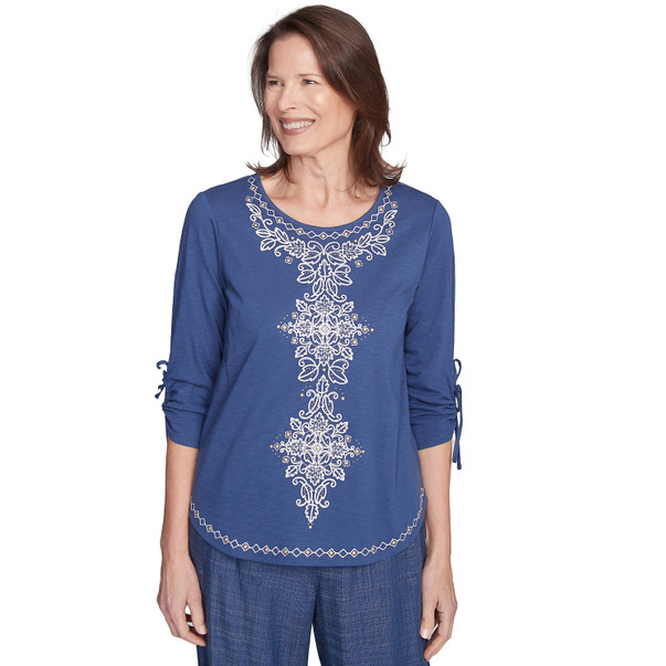 Women's Embroidery Centered Tie Sleeve Top