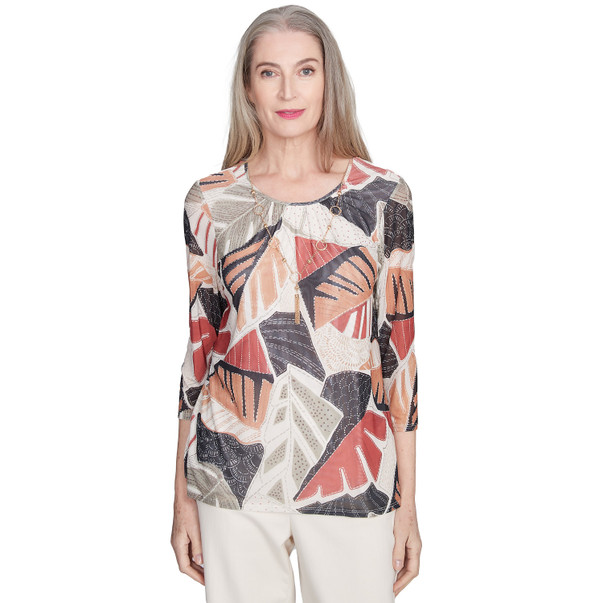 Petite Women's Tropical Mesh Top With Necklace