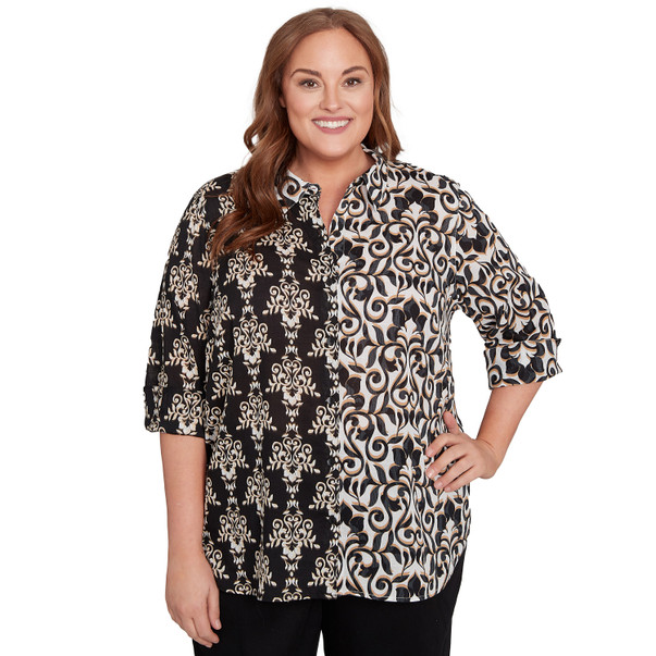 Plus Women's Medallion Twin Print Button Front Top