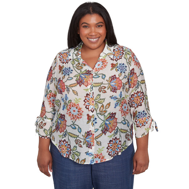 Plus Women's Batik Floral Button Front Top