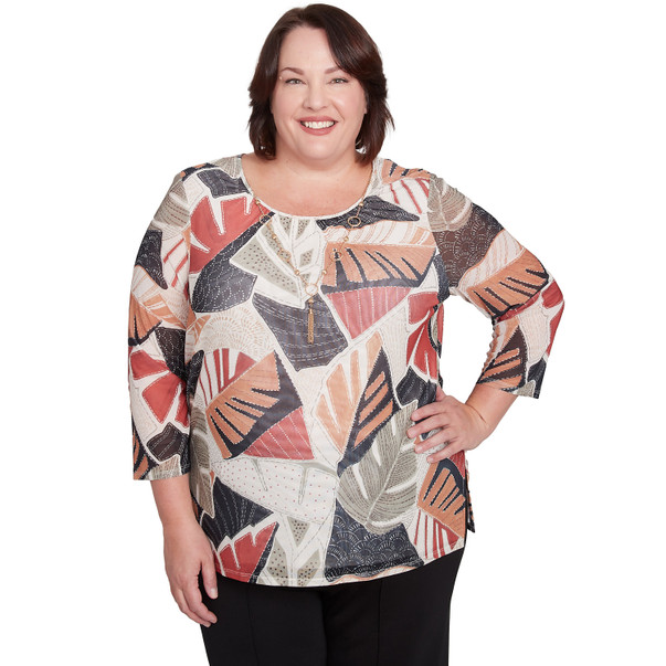 Plus Women's Tropical Mesh Top With Necklace
