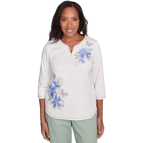 Petite Women's Asymmetric Butterfly Floral Embroidered Top