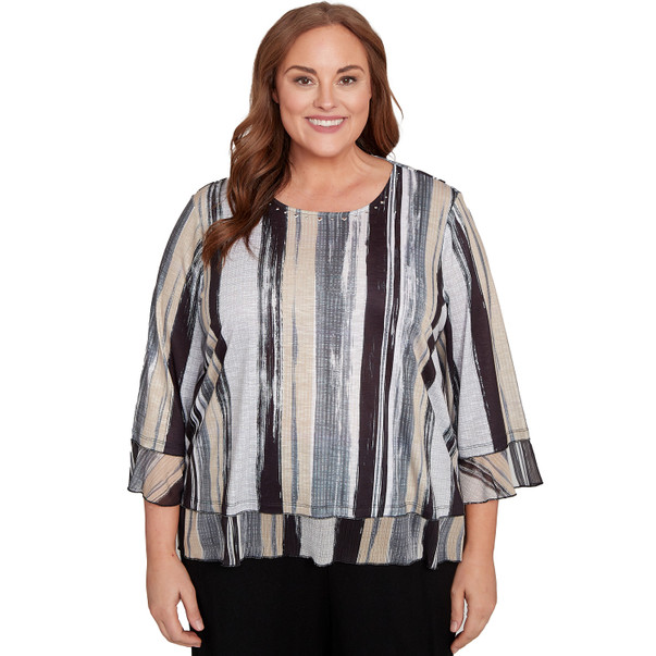 BLACK MULTI Plus Women's Etched Stripe Bell Sleeve Top