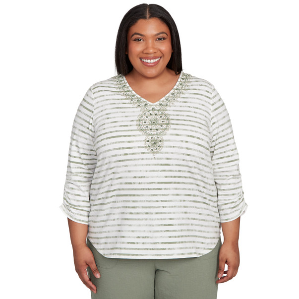 Plus Women's Textured Medallion Neckline Top