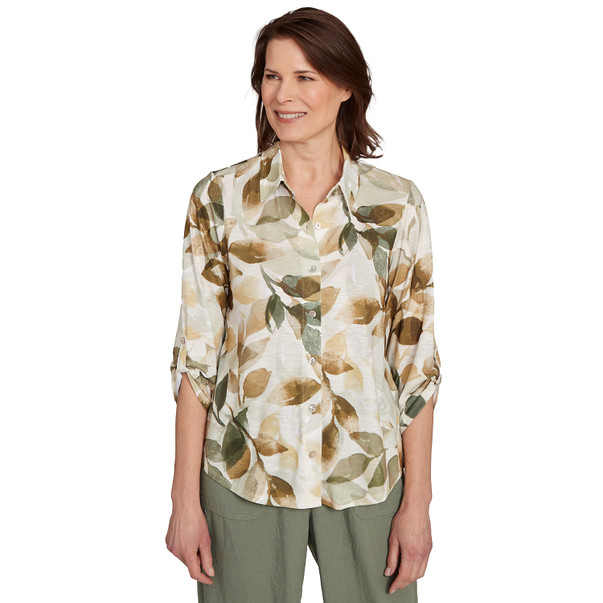 Petite Women's Knit Leaf Button Front Top