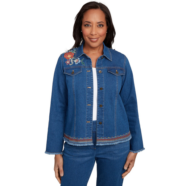 Women's Floral Vine Embroidered Border Denim Jacket