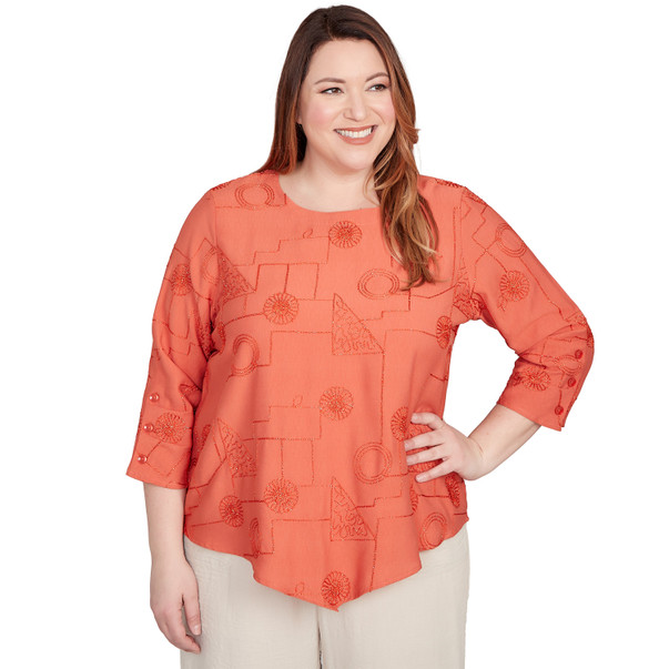 Plus Women's Metallic Embroidered Geometric Top