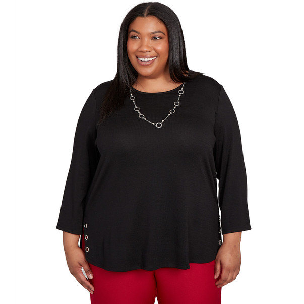 Plus Women's Melange Side Button Top With Necklace