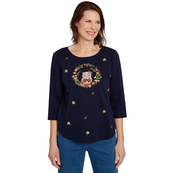 Women's Owl Wreath Embroidered Top