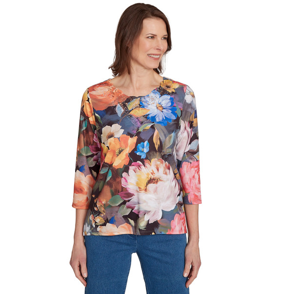 Petite Women's Dramatic Floral Lace Neck Top