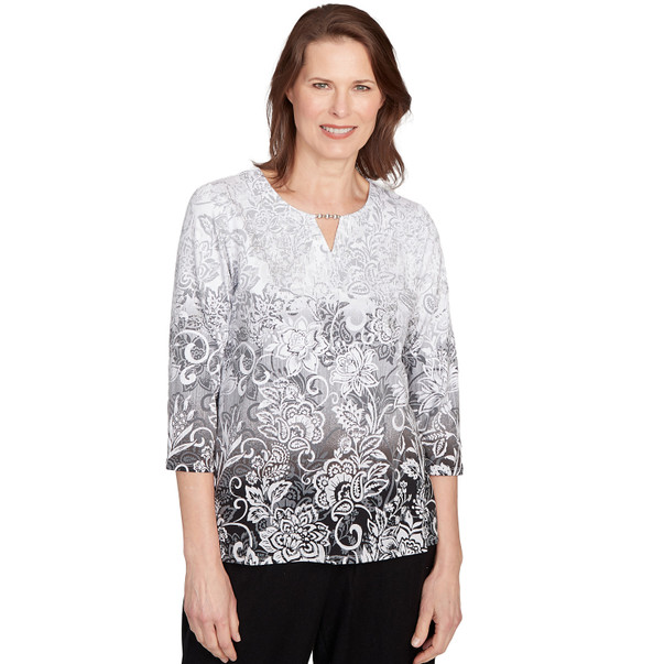 Women's Ombre Scroll Split Beaded Neck Top
