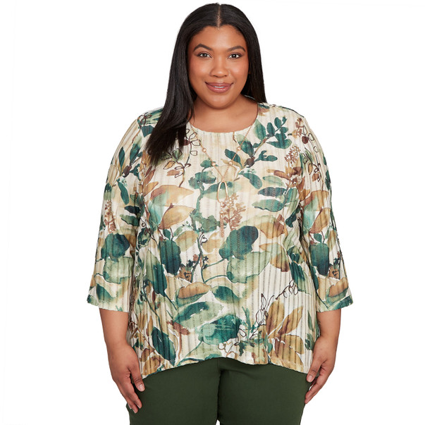 Plus Women's Abstract Leaf Sharkbite Hem Top With Necklace