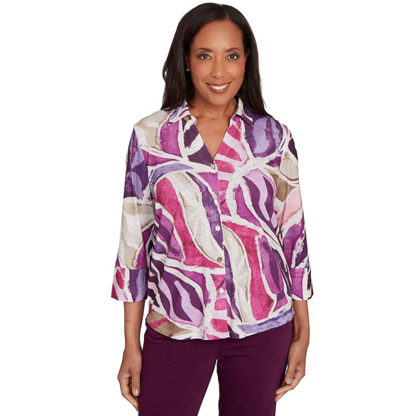 PLUM MULTI Petite Women's Abstract Floral Button Front Top