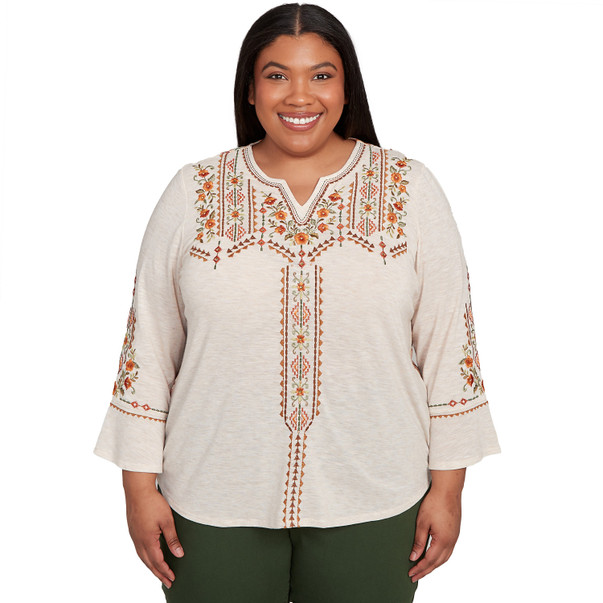 Plus Women's Geometric Floral Embroidery Printed Top