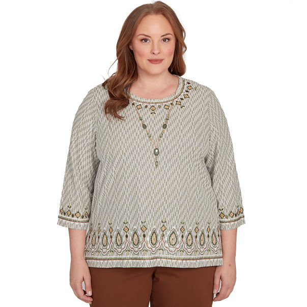 PINE Plus Women's Textured Medallion Bordered Top With Necklace