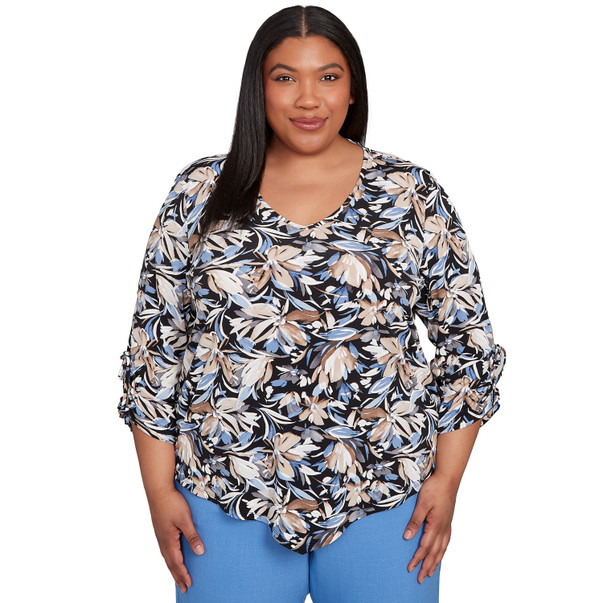 Plus Women's Tie Sleeve Brushstroke Floral Knit Top