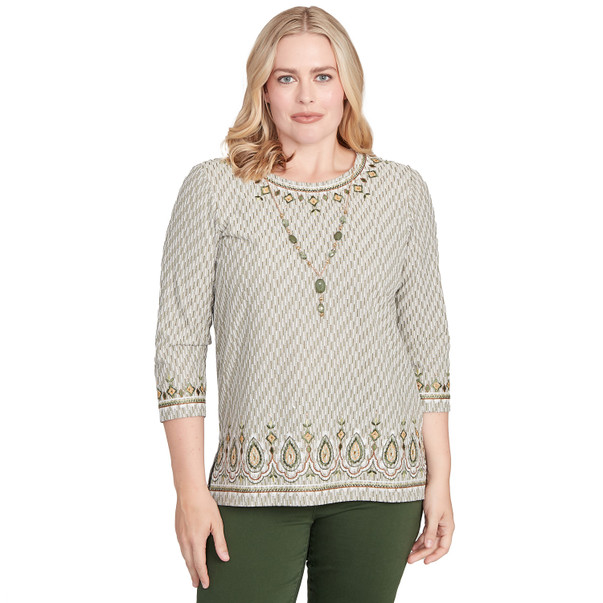 PINE Petite Women's Textured Medallion Bordered Top With Necklace