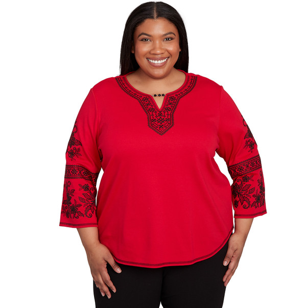 RED Plus Women's Knit Embroidered Sleeve Beaded Split Neck Top