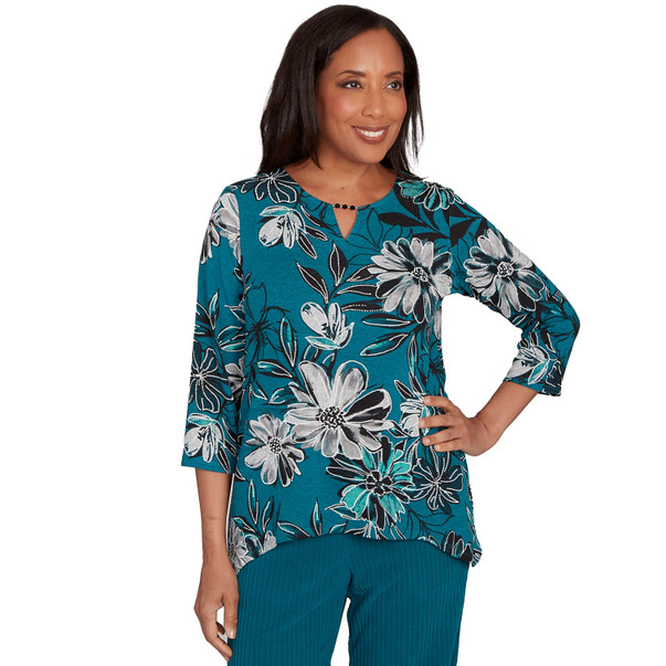 Petite Women's Floral Printed Beaded Neck Top