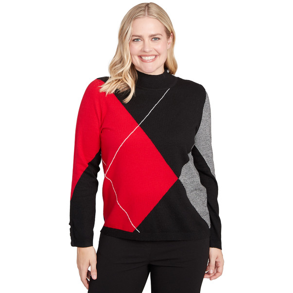 BLACK MULTI Petite Women's Exploded Argyle Mock Neck Sweater