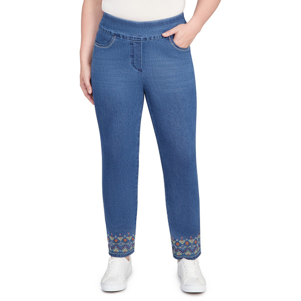 MEDIUM INDIGO Petite Women's Super Stretch Geometric Denim Ankle Pant