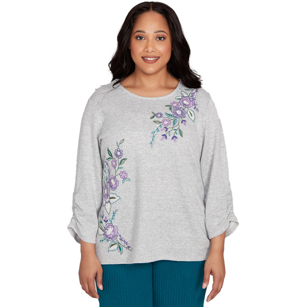 Plus Women's Embroidered Flowers With Side Tie Ruching Top