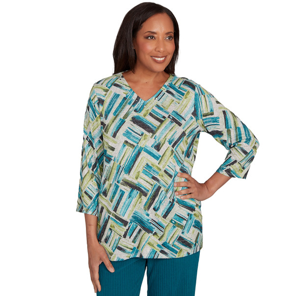Petite Women's Detailed V Neck Brushstroke Top