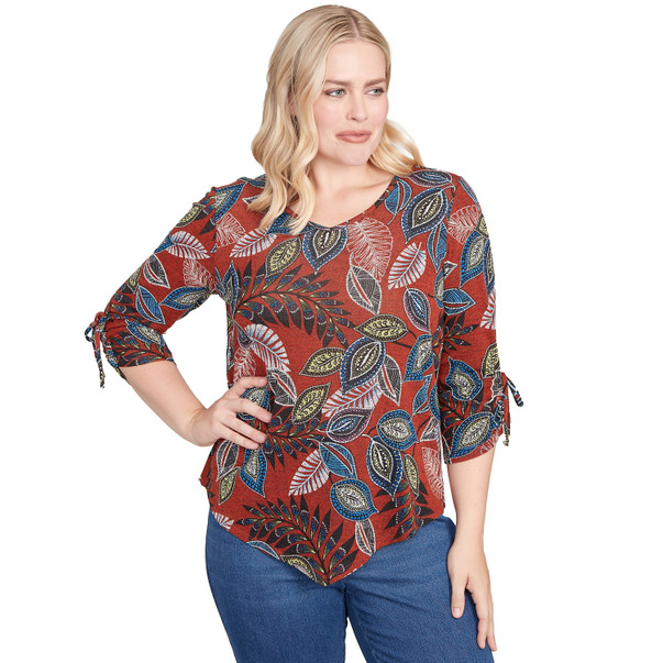 SPICE MULTI Petite Women's Batik Leaves Melange Asymmetrical Top