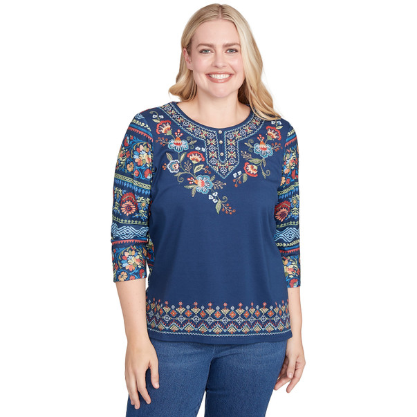 Petite Women's Printed Sleeve Floral Embroidered Top
