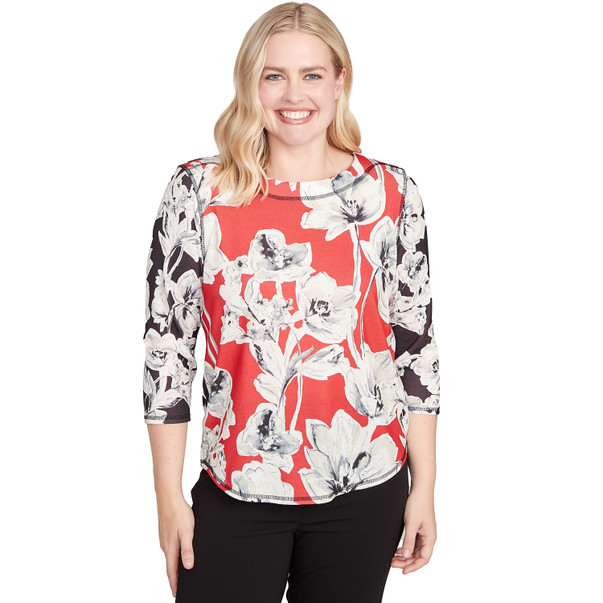 RED MULTI Petite Women's Dynamic Floral Vintage Watercolor Top