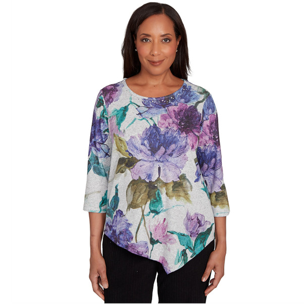 PURPLE MULTI Petite Women's Asymmetrical Watercolor Flower Top