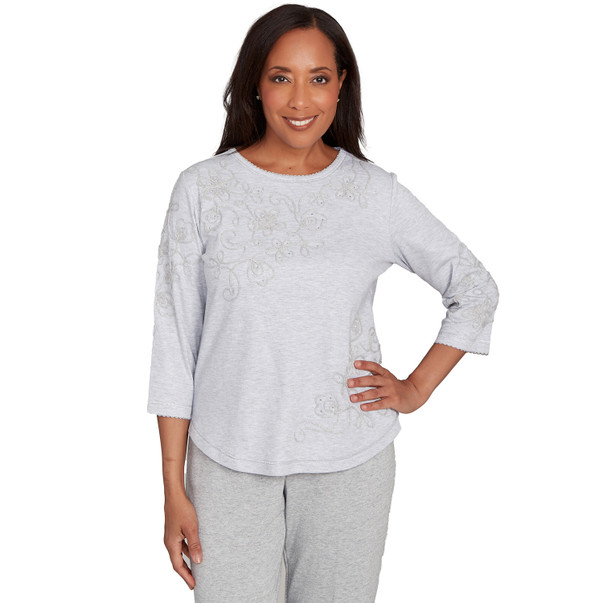 PEARL HEATHER Women's Asymmetrical Floral Embroidered Detail Top