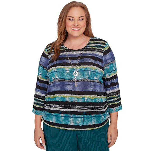 BLACK MULTI Plus Women's Biadere Melange Stripe Top With Necklace
