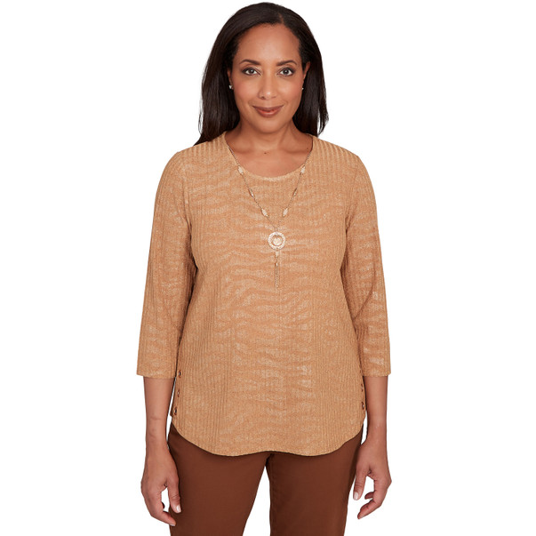 Petite Women's Shimmer Animal Jacquard Top With Necklace