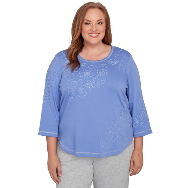 Plus Women's Asymmetrical Floral Embroidered Detail Top