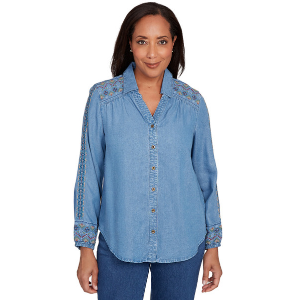 Petite Women's Needlepoint Embroidered Button Front Top