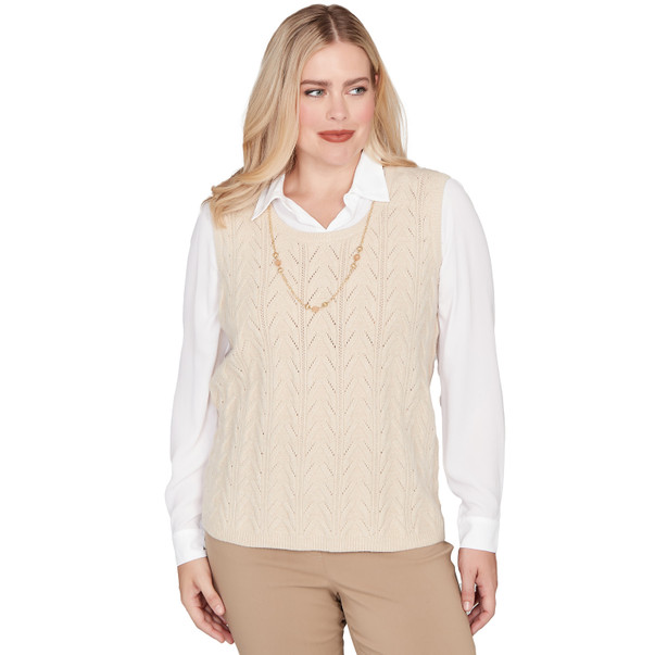 Petite Women's Pointelle Texture Two In One Sweater With Necklace