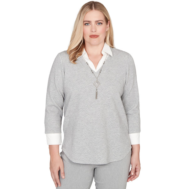 PEWTER Petite Women's Diamond Jacquard Two In One Top With Necklace