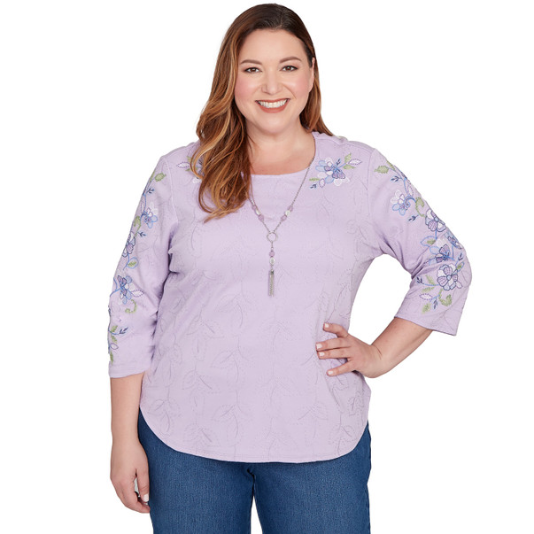 LILAC Plus Women's Embroidered Sleeve Textured Top With Necklace